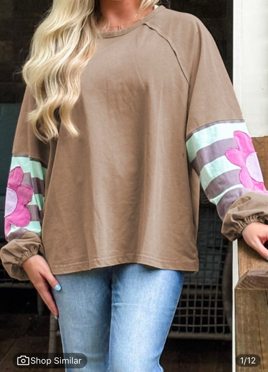 French Beige Flower Striped Patchwork Puff Sleeve