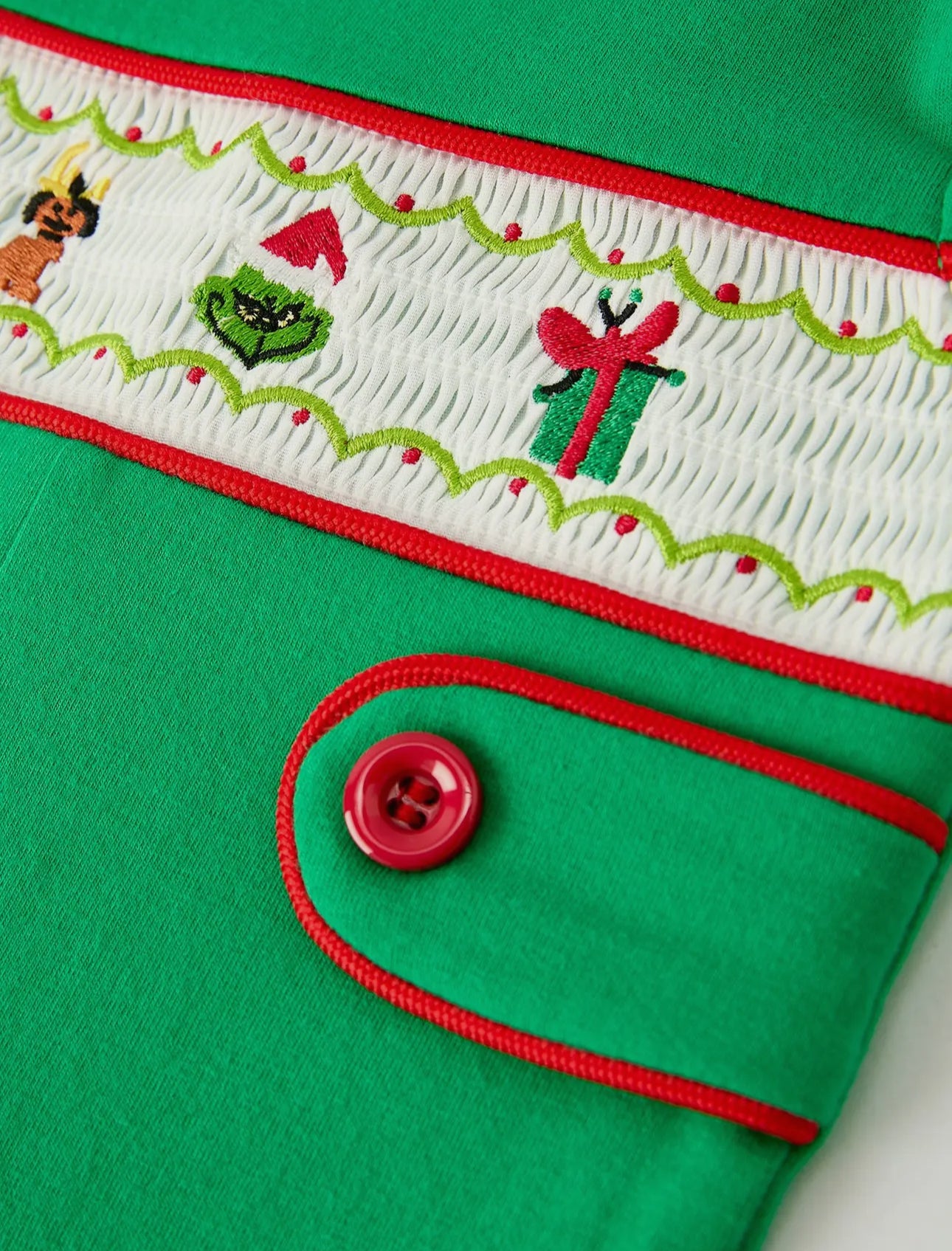 Christmas Character Candy Embroidered Green Romper