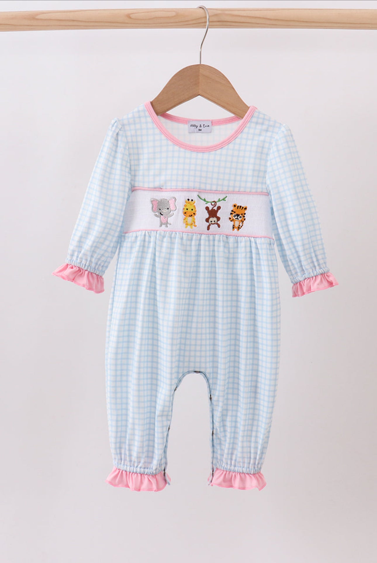 Blue Gingham w/Pink Animal Smocked Romper