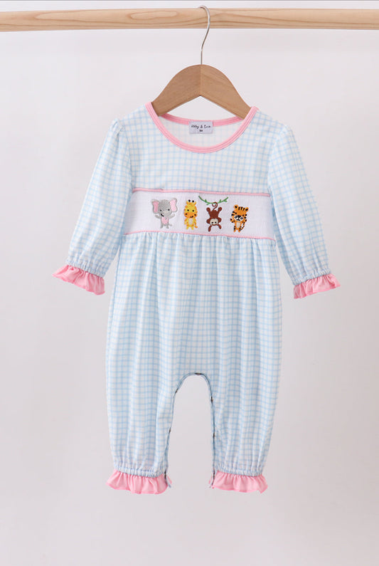 Blue Gingham w/Pink Animal Smocked Romper