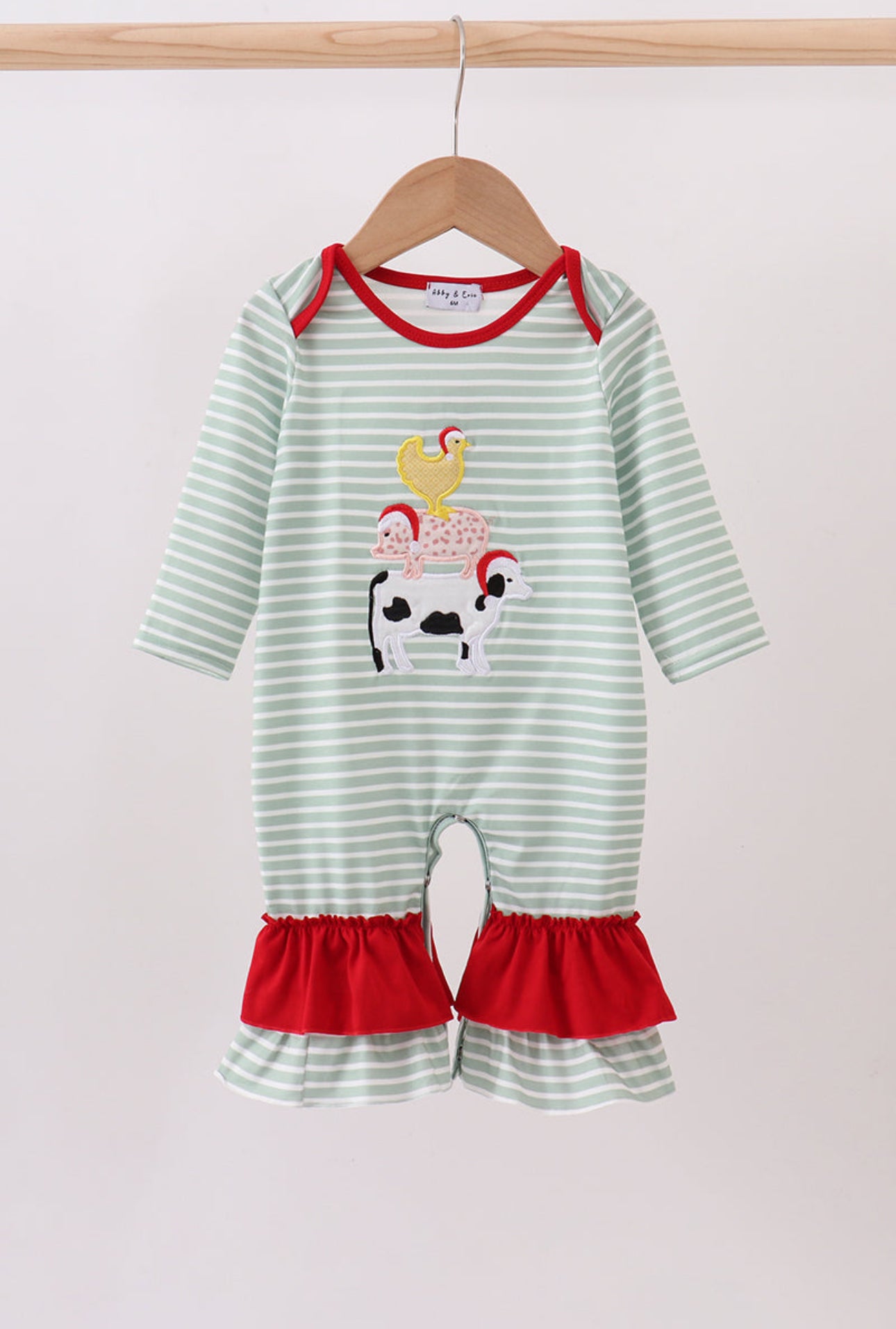 Green Striped Christmas Farm Animal Romper