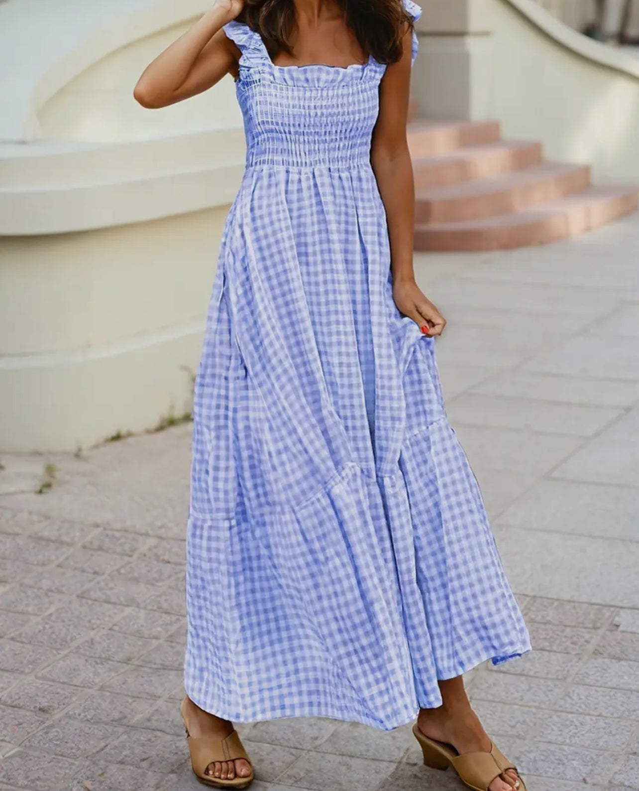 Plaid Squared Neck Sleeveless Maxi Dress