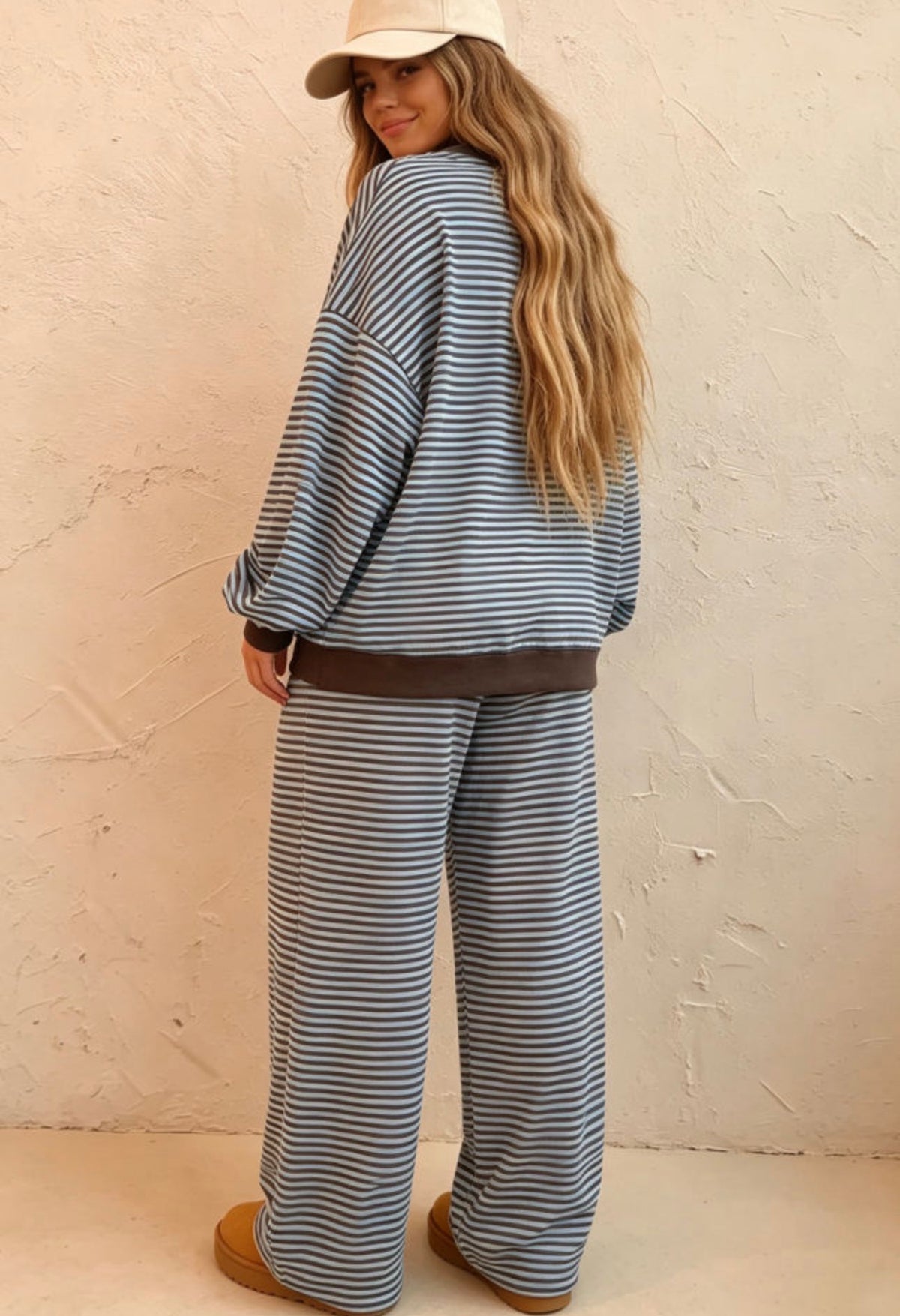 Brown Striped Dropped Shoulder Pant Set