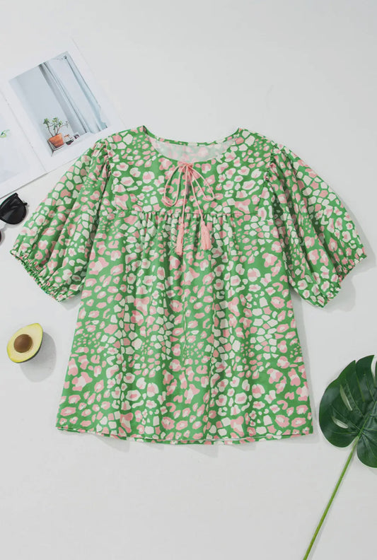 Plus Sized Abstract Puff Sleeve Spring Blouse Green