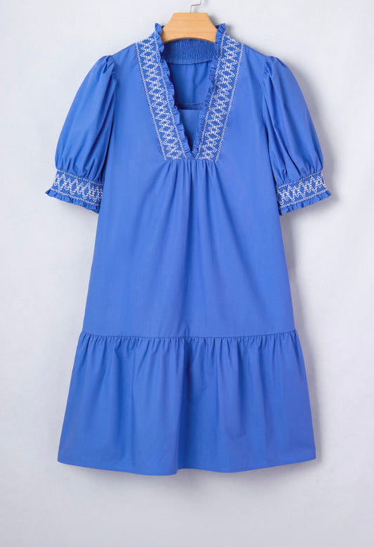 Sky Blue Embroidered Smocked Detail V Neck Short Puff Sleeve Mini Dress