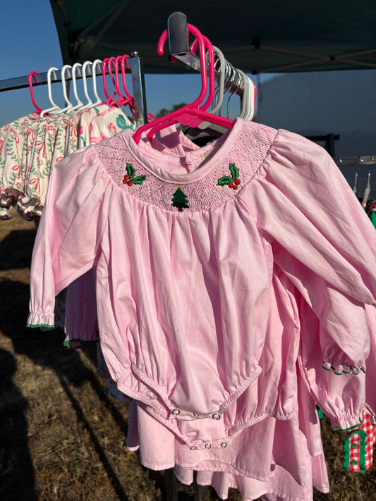 Holly Smocked Pink Christmas Romper