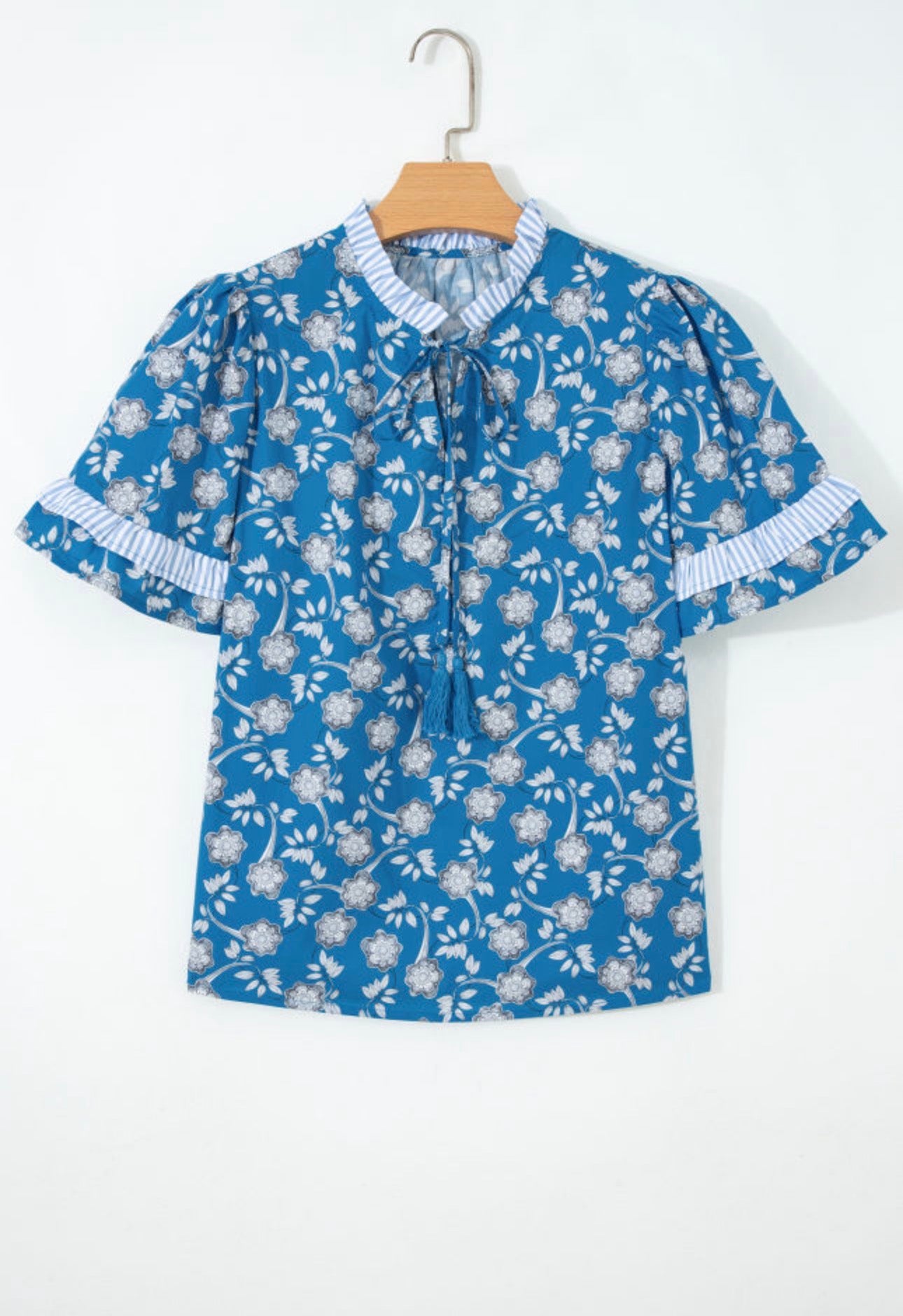 Blue Floral Print Buttoned Tie Neck Striped Detail Short Sleeve Blouse