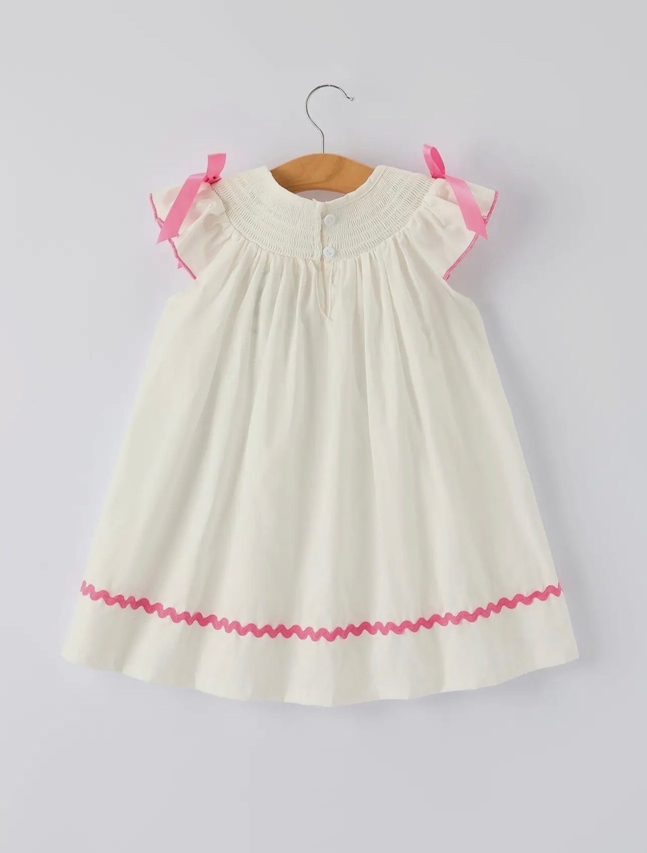 Girls White Dress with Pink Embroidery Bows