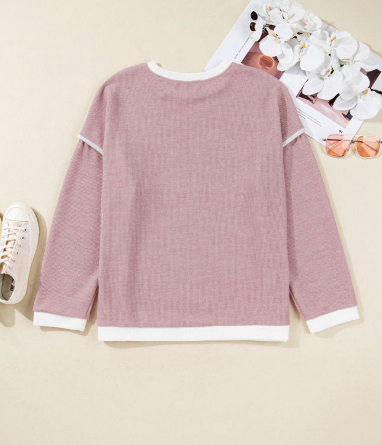 Light Pink Plus Size Contrast Trim Knitted Drop Shoulder Sweater