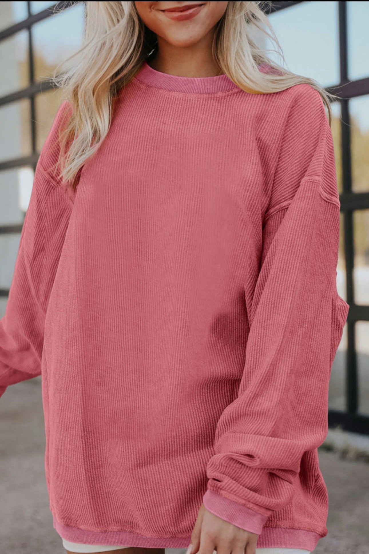 Strawberry Pink Ribbed Corduroy Sweatshirt
