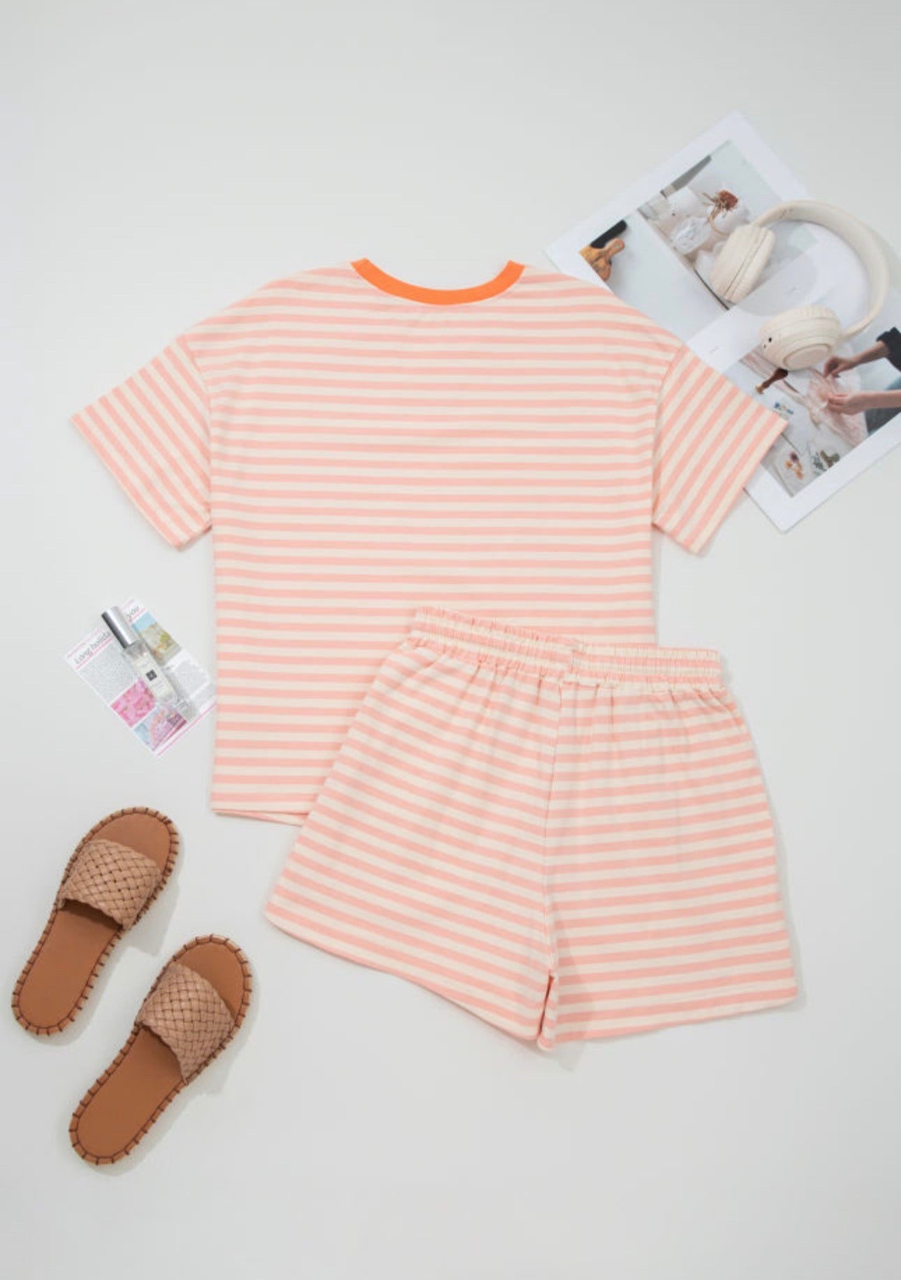 Pink Stripe Contrast Neck Loose Tee & Drawstring Short Set