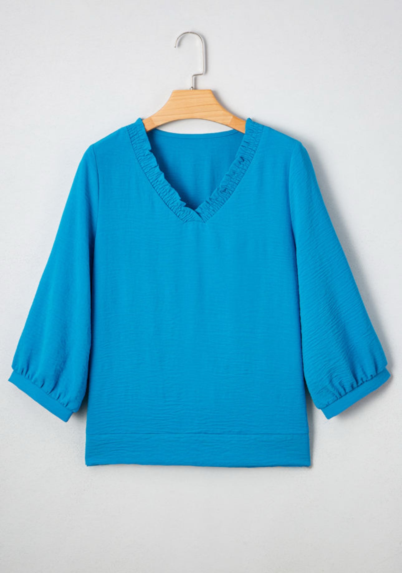 Sky Blue Frilled Neckline Bracelet Sleeve Crinkled Blouse