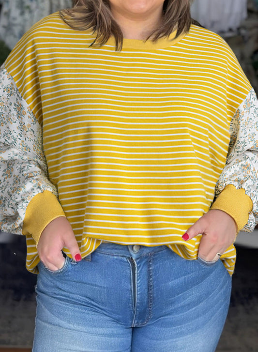 Plus Size Yellow Striped Floral Contrast Shirt