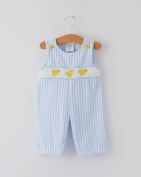 Boys Easter Romper Blue w/Embroidered Chickens