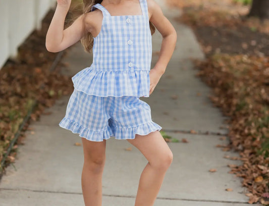 Blue Gingham Ruffle Short Set