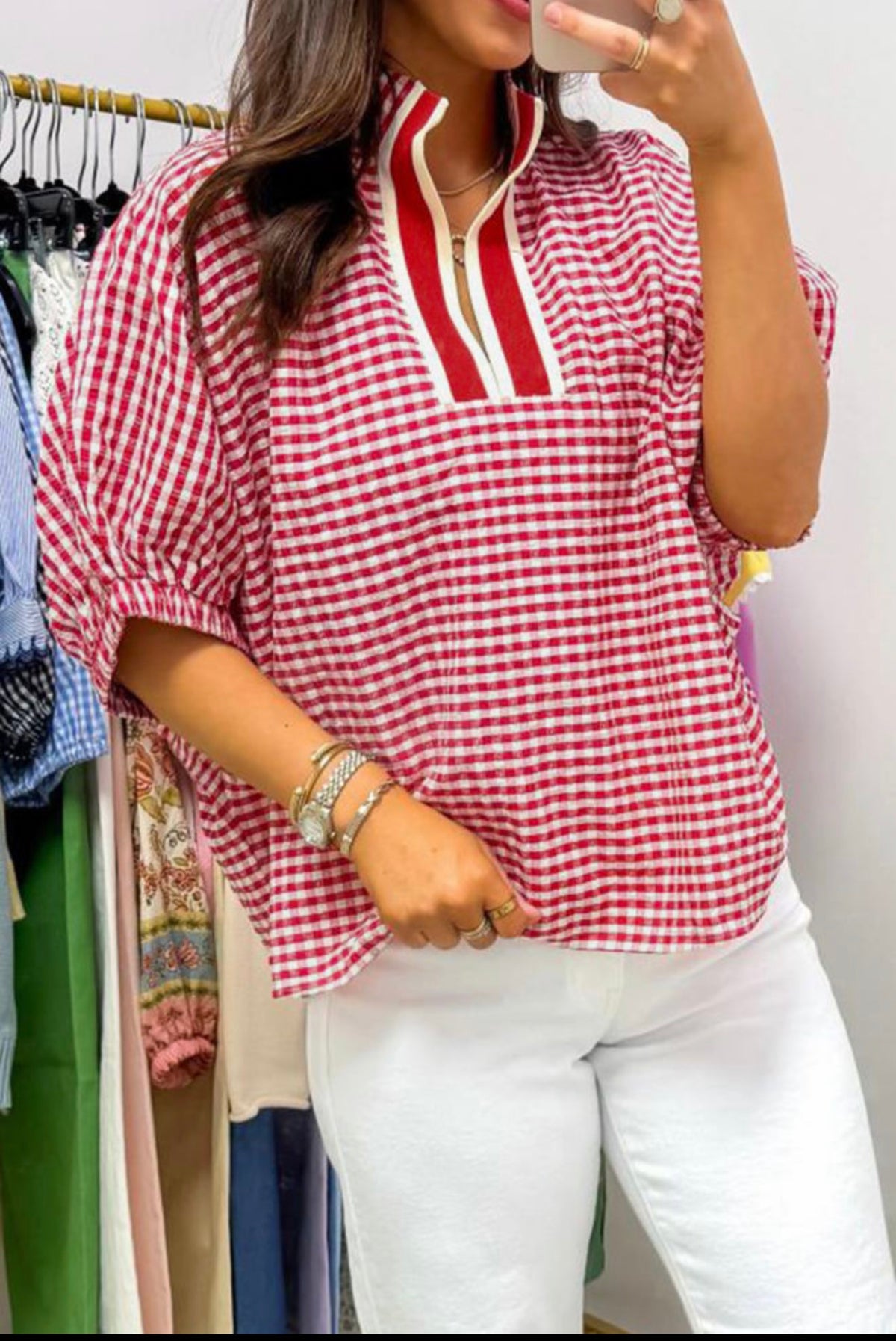 Red Plaid Short Sleeve Blouse