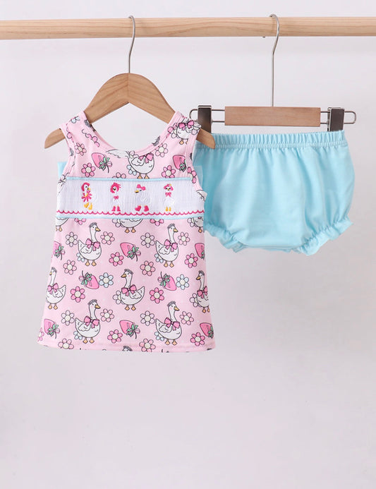 Pink Goose Smocked Bloomer Set