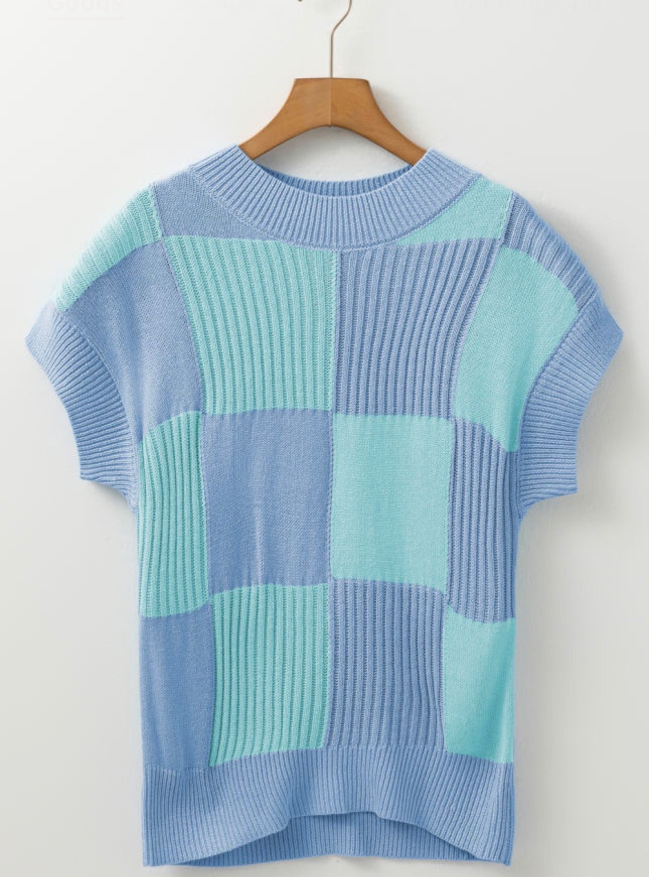 Light Blue Checkered Color Block Crew Neck Short Sleeve Sweater