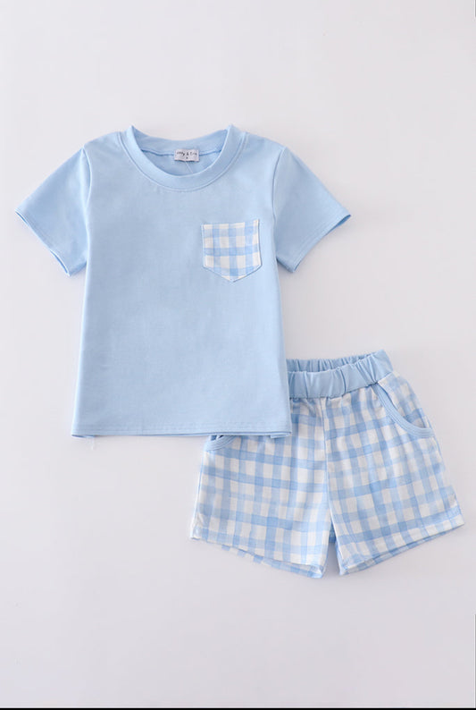 Blue plaid boys short set