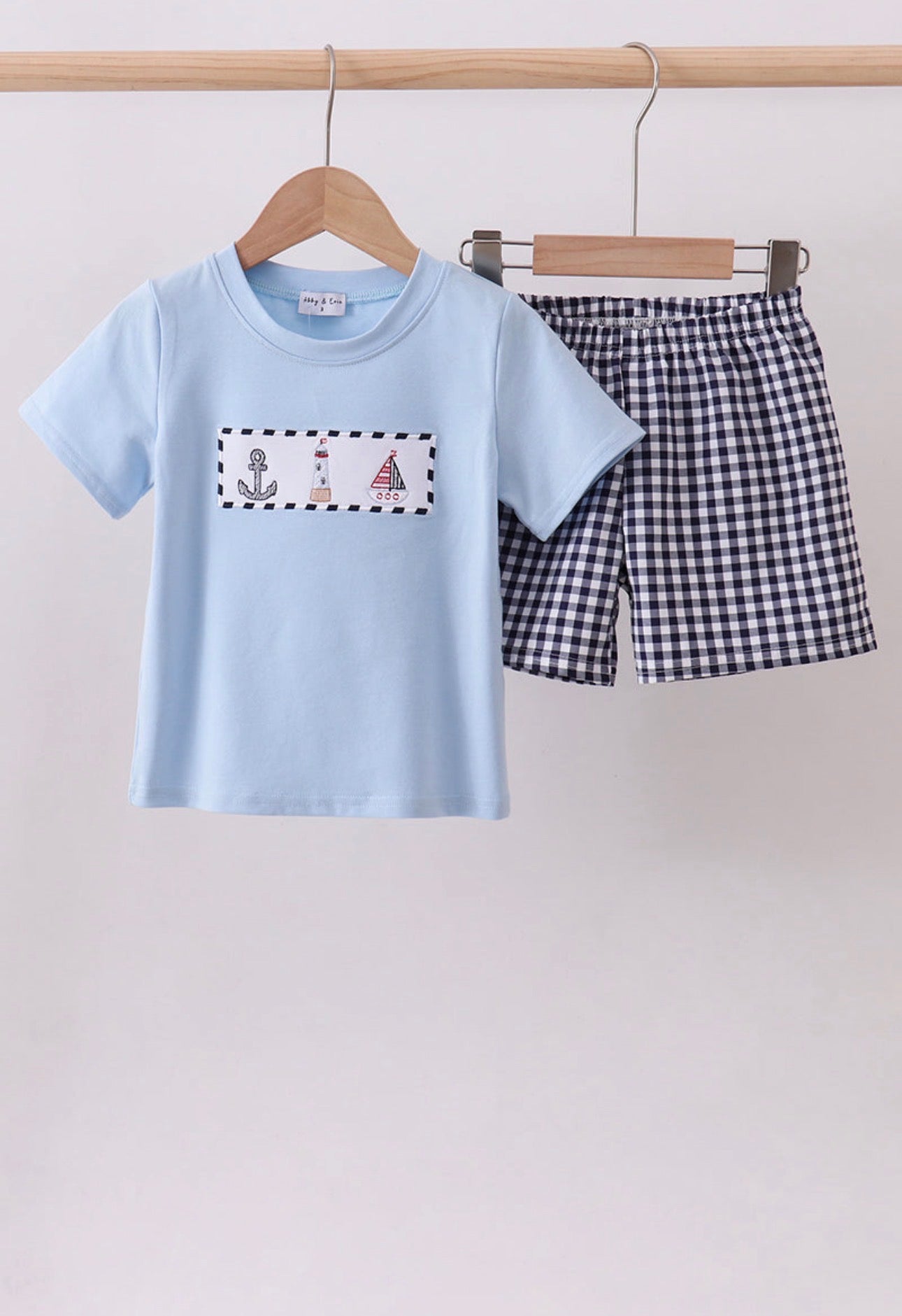 Blue Sailboat Embroidered Gingham Short Set