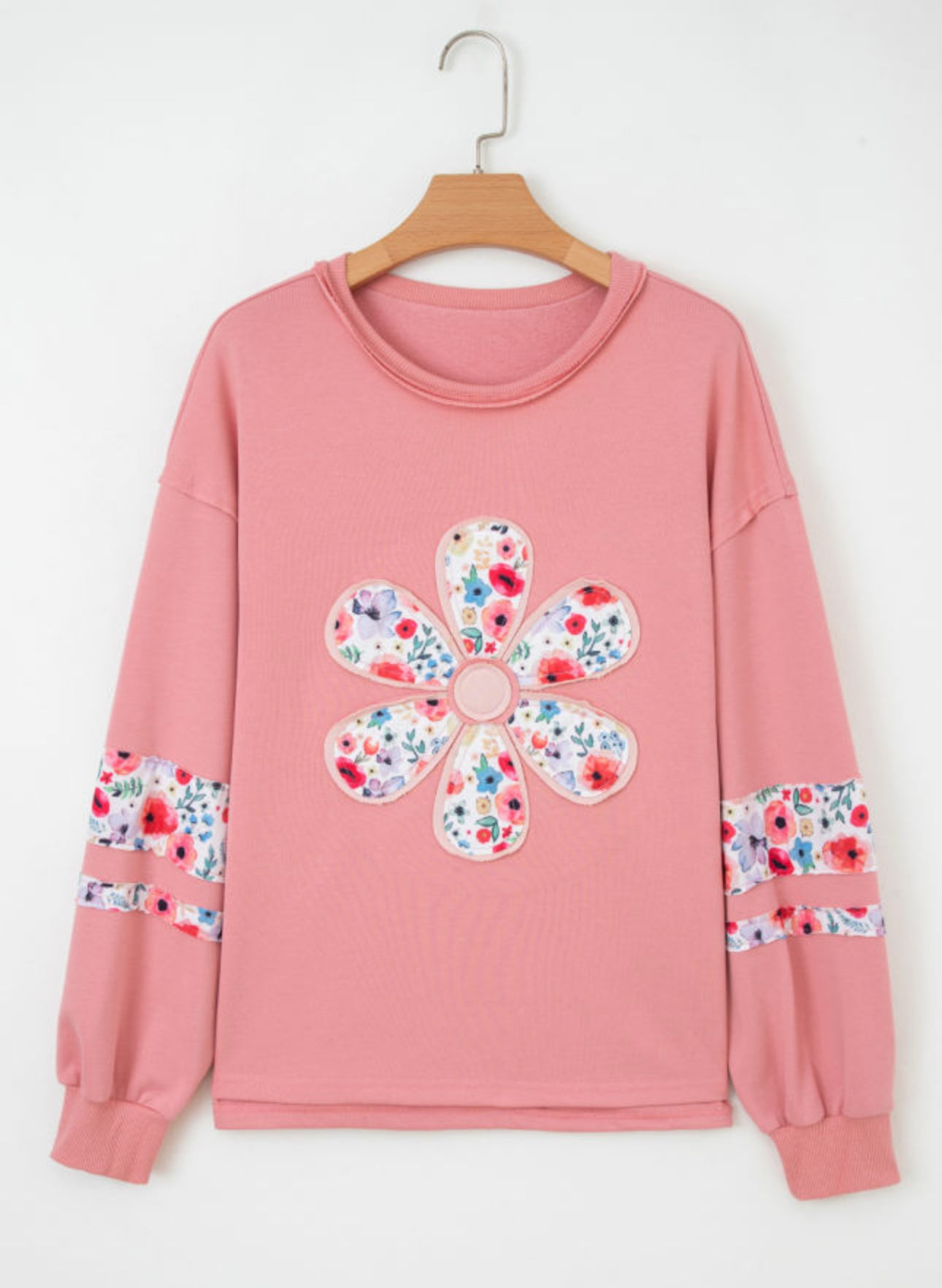 Peach Blossom Floral Appliqué Baggy Pullover Sweatshirt