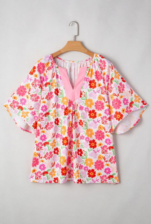 Floral Split V Neck Plus Sized Blouse