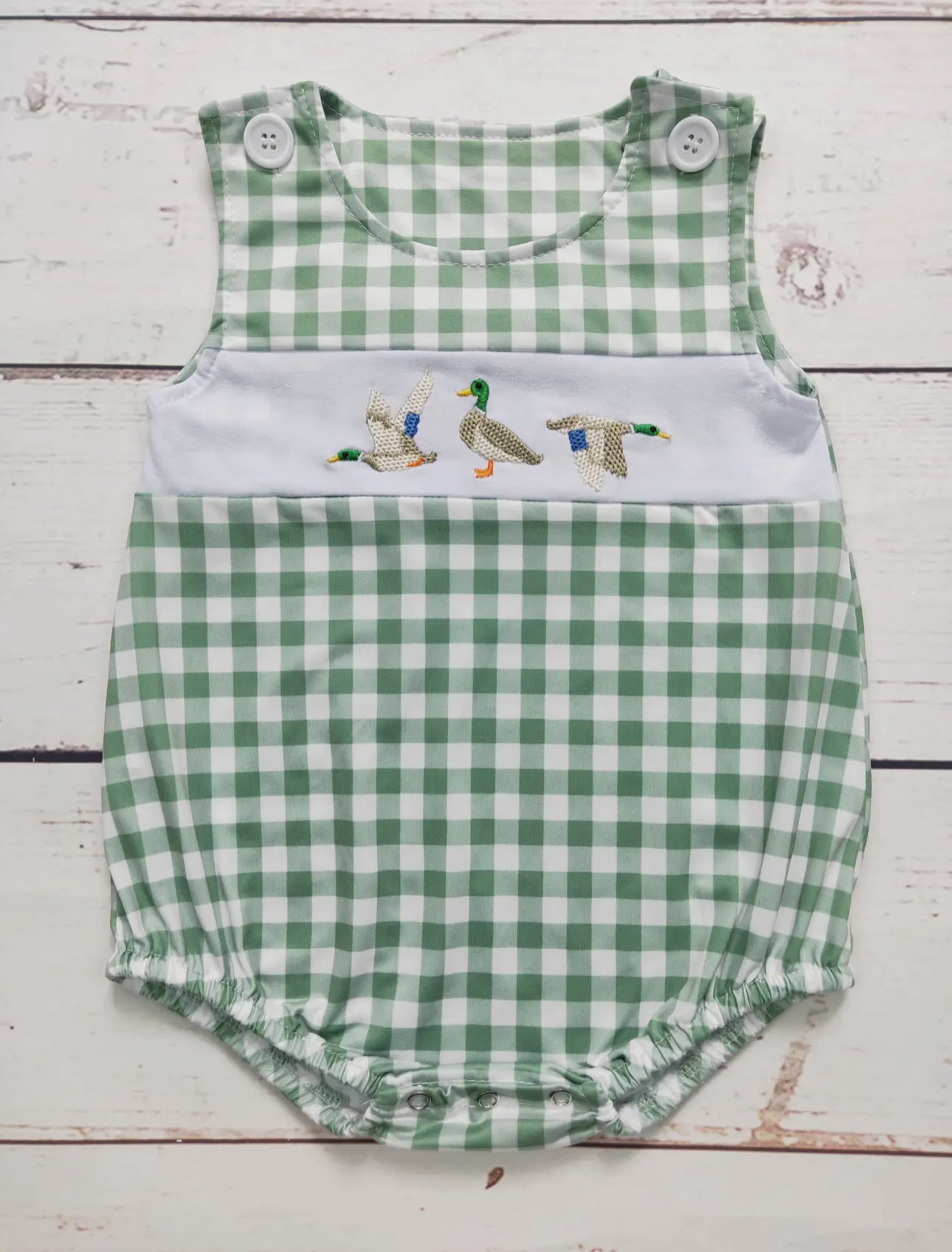 Boys Green Checkered Romper w/ Duck Appliqué