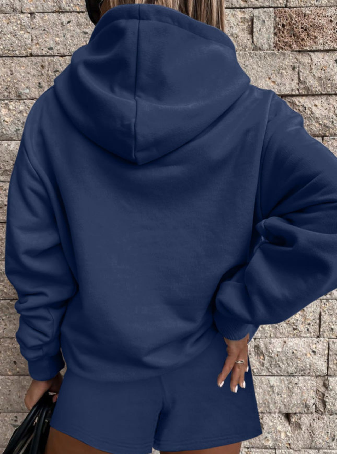 Navy Blue Button Drawstring Hooded Pullover Short Set