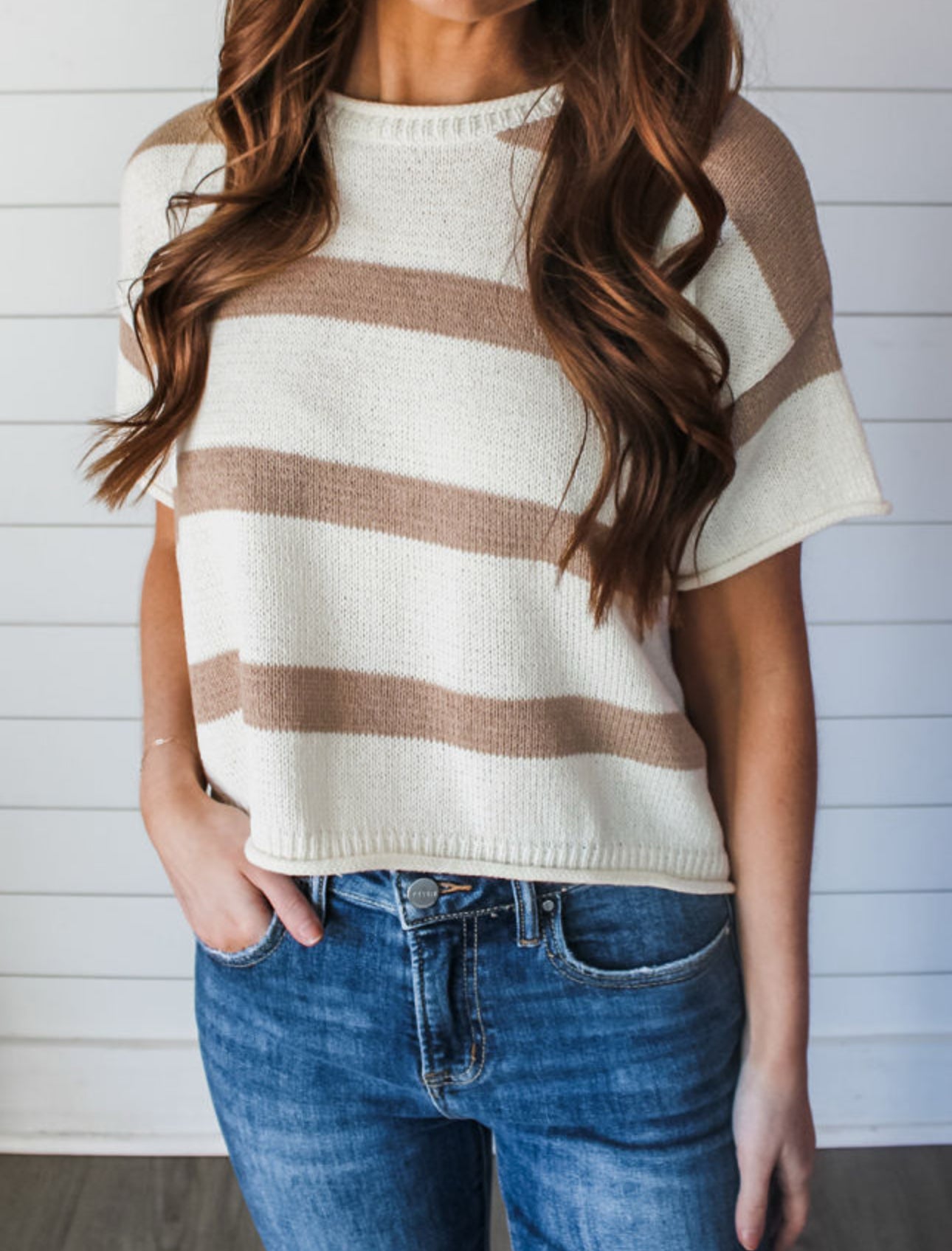 Khaki Striped Dropped Short Sleeve Sweater
