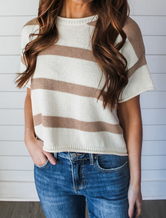 Khaki Striped Dropped Short Sleeve Sweater