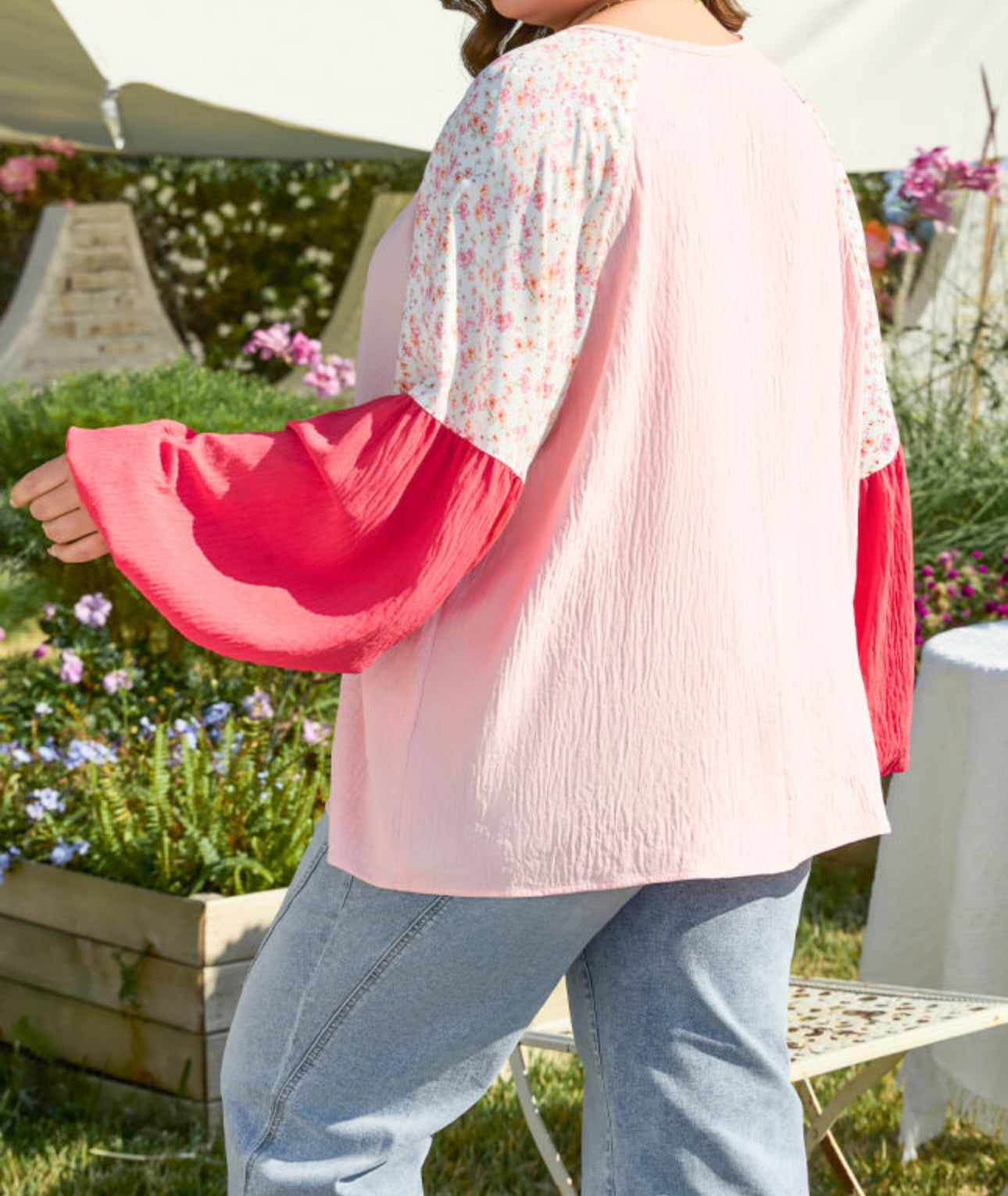 Pink Contrast Floral Patchwork Plus Sized Long Sleeve Shirt
