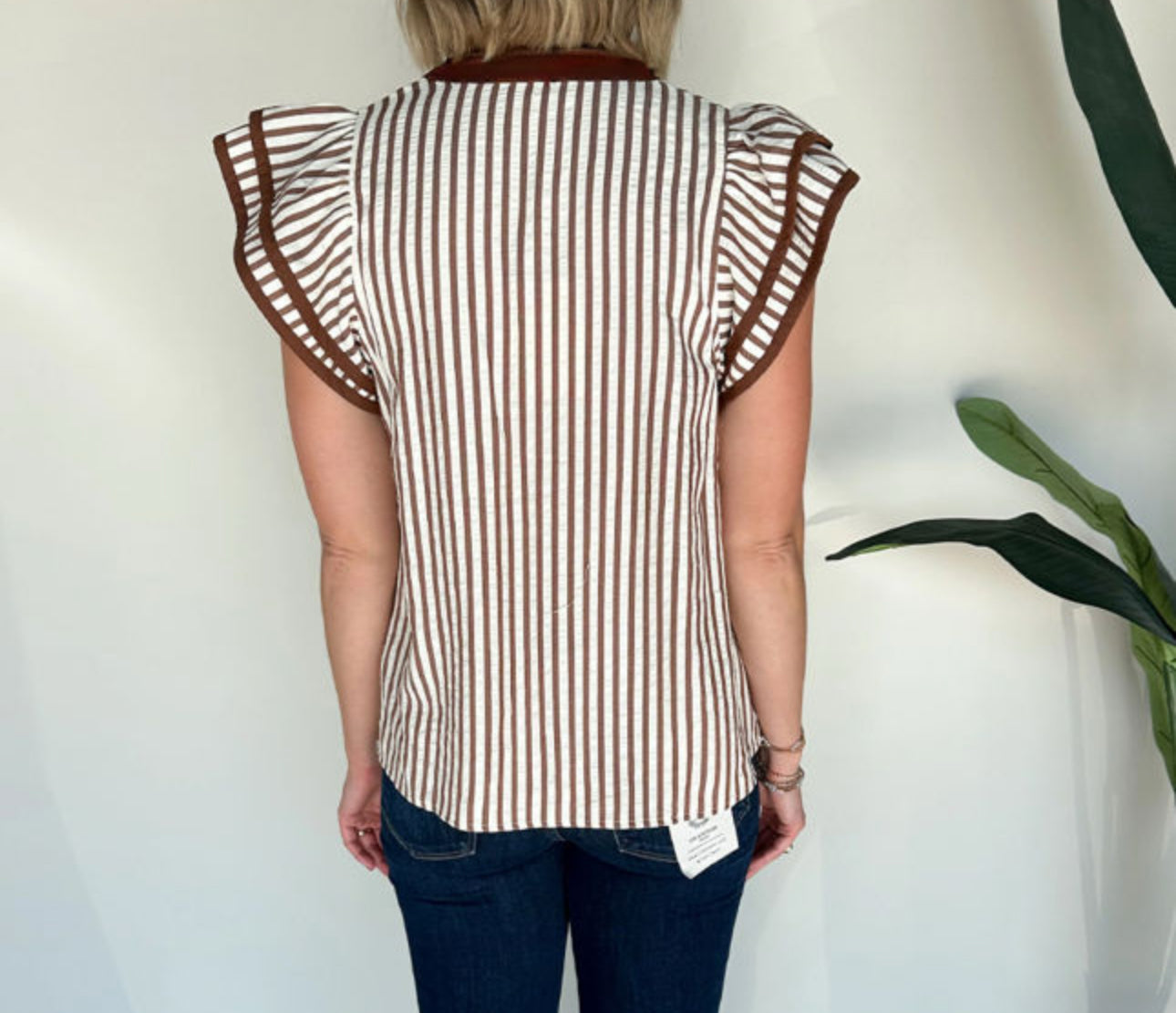 Khaki Striped Double Ruffle Short Sleeve Blouse