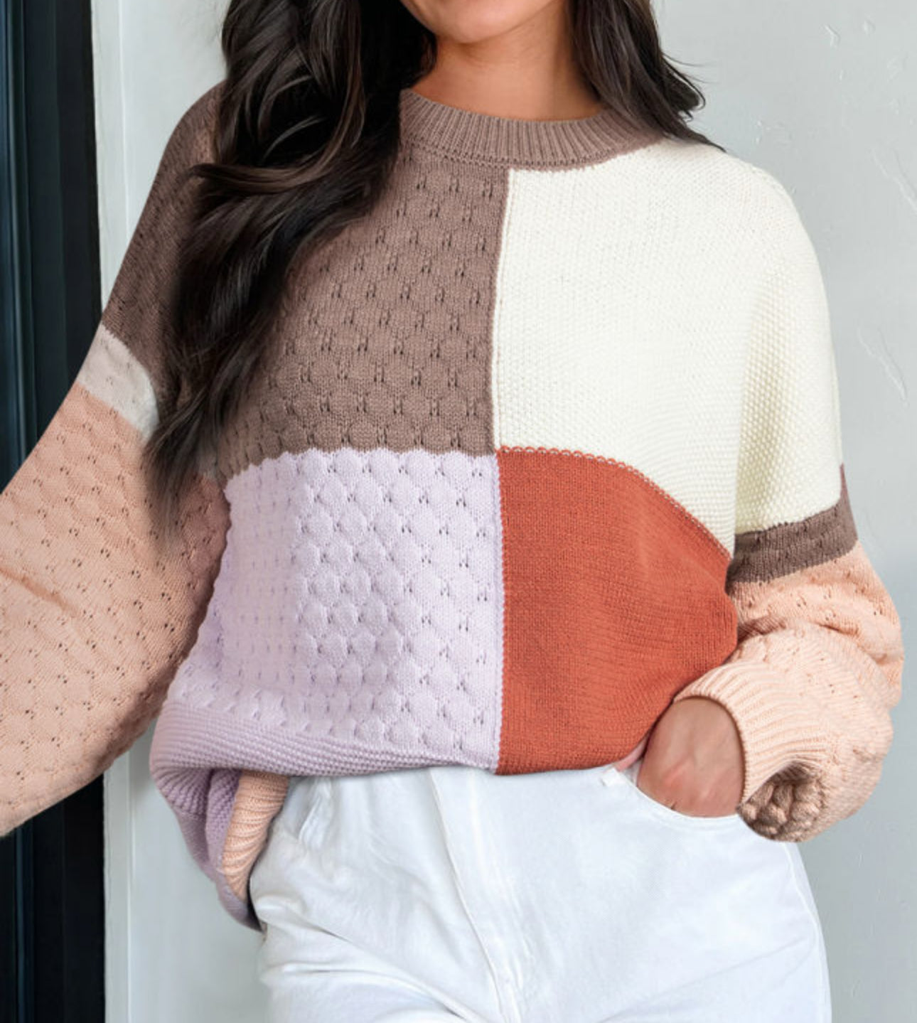 Coffee Mix Texture ColorBlock Knit Baggy Sweater