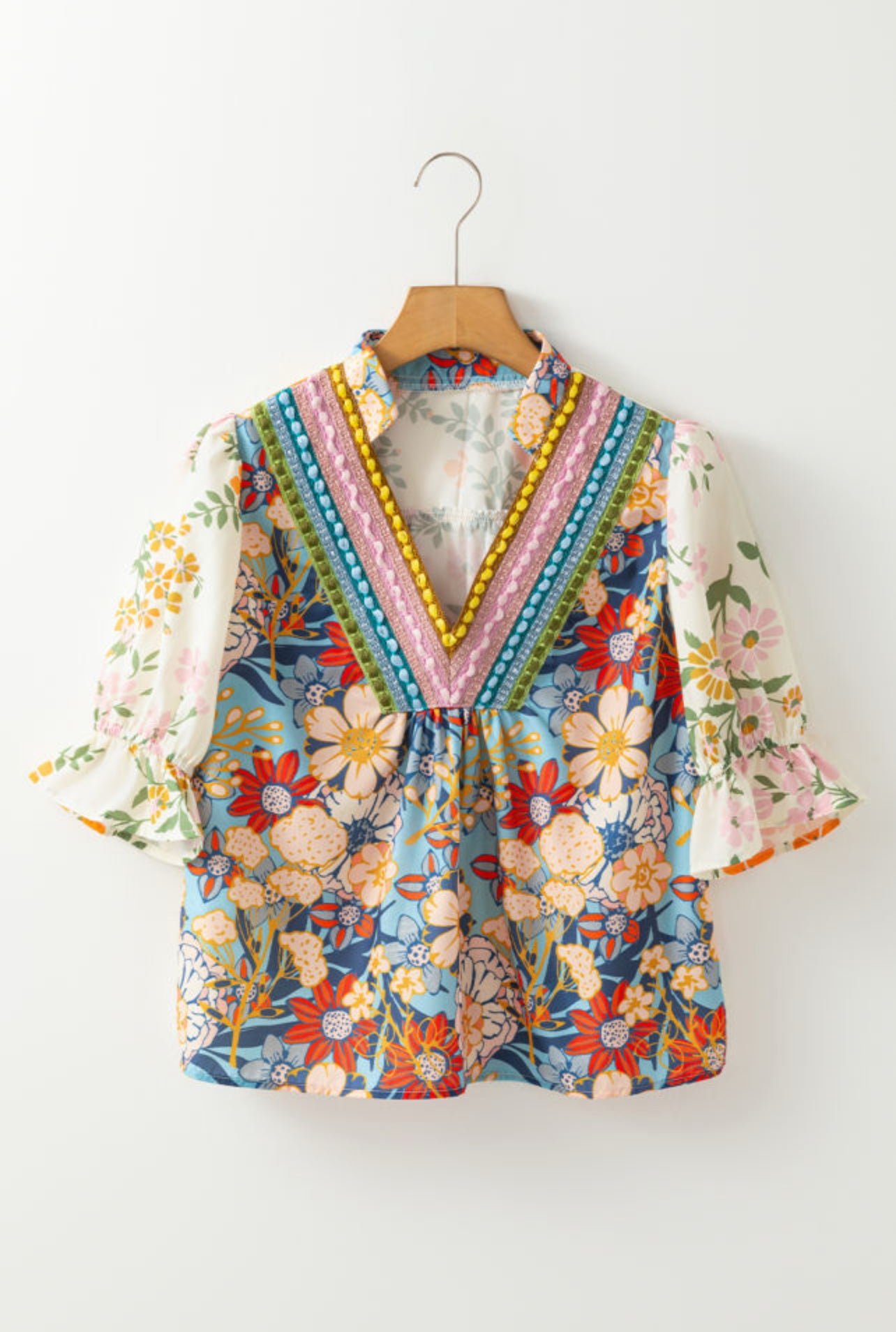 Multi Color Crocheted V Neck Floral Boho Blouse