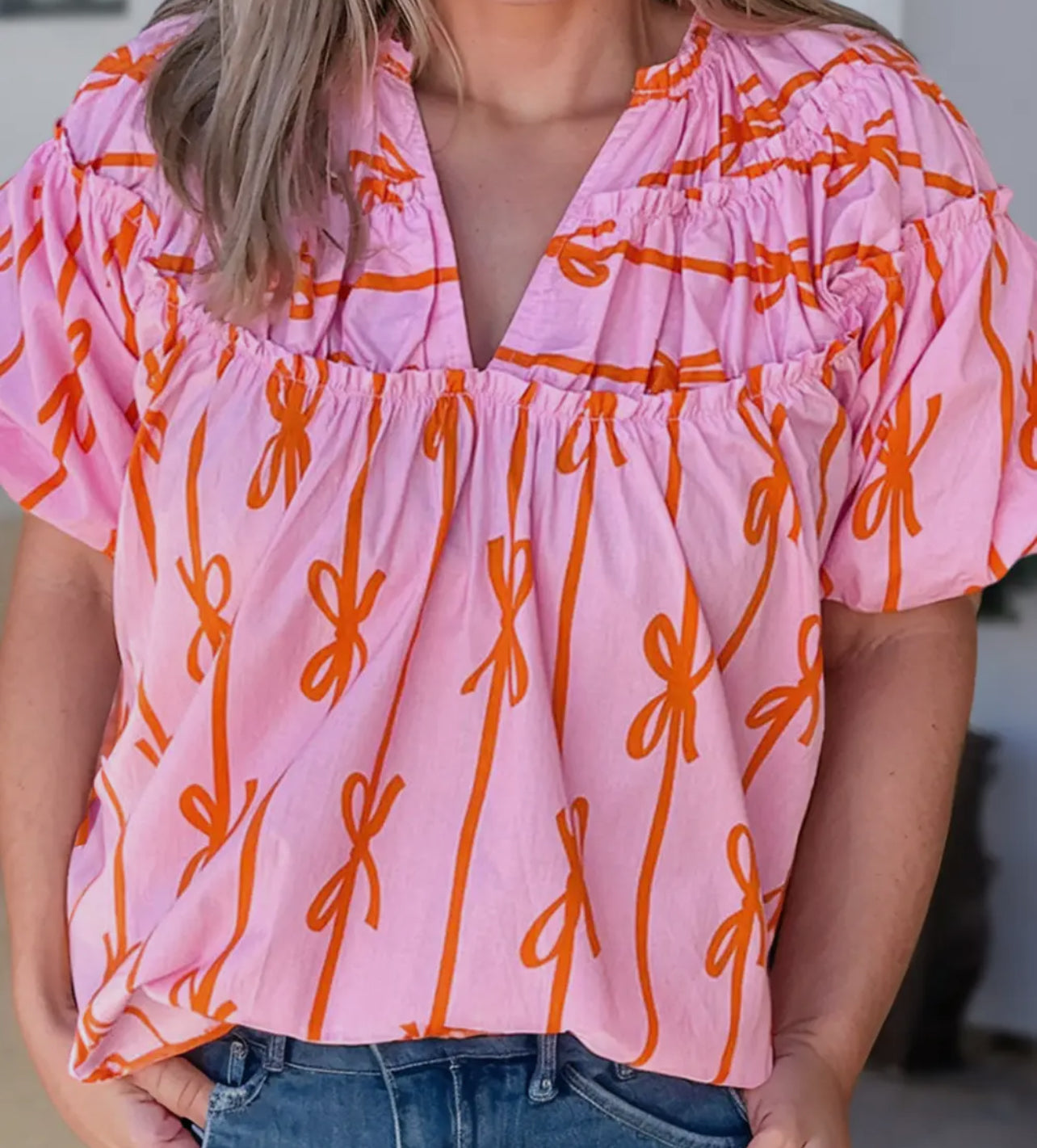 Plus Sized Bowknot Printed V Neck Blouse