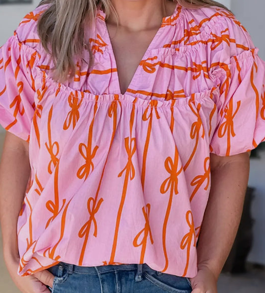 Plus Sized Bowknot Printed V Neck Blouse