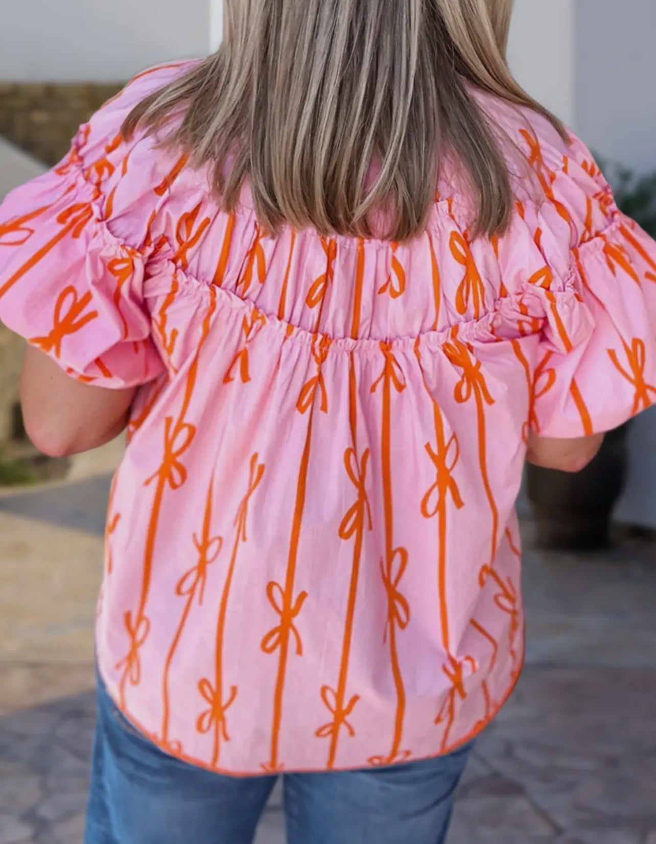 Plus Sized Bowknot Printed V Neck Blouse