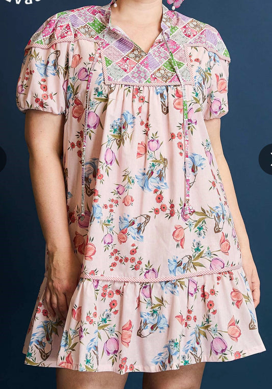 UMGEE Floral Patchwork Babydoll Dress Pink Mix