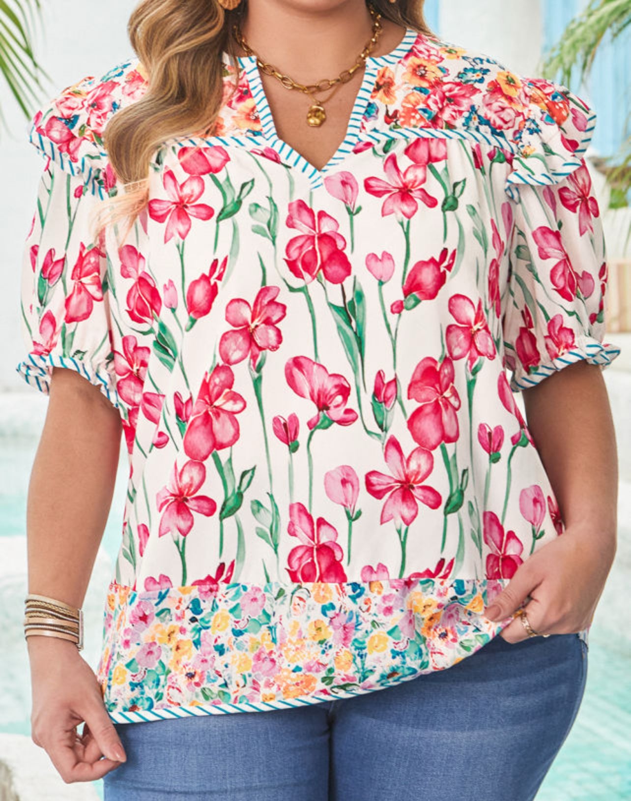 Plus Sized Floral Print Striped Trim V Neck Blouse