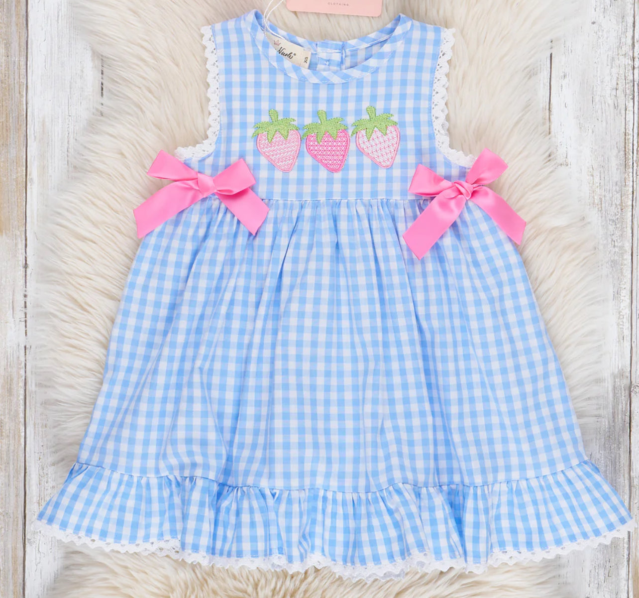 Gingham Embroidered Strawberry Girls Dress