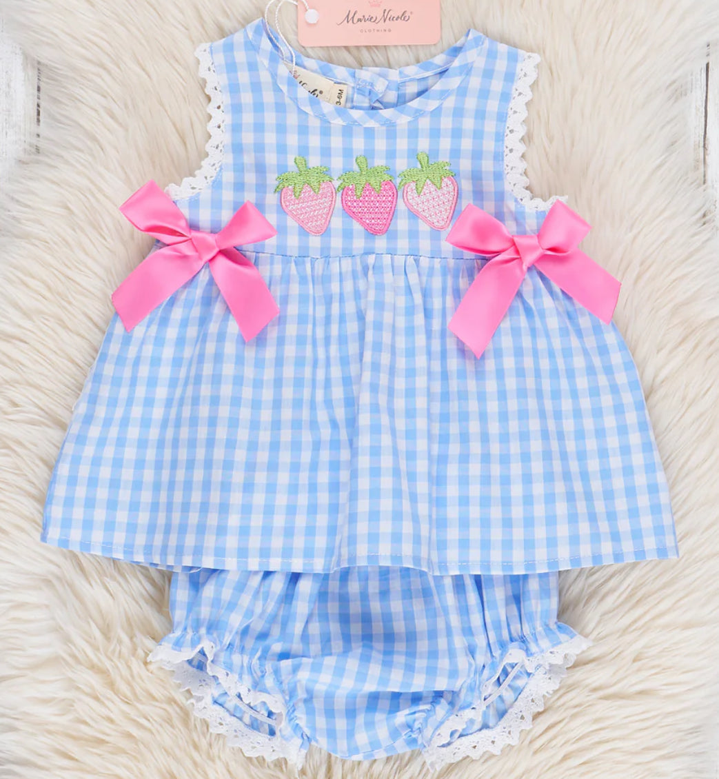Gingham Embroidered Strawberry Girls Bloomer Set
