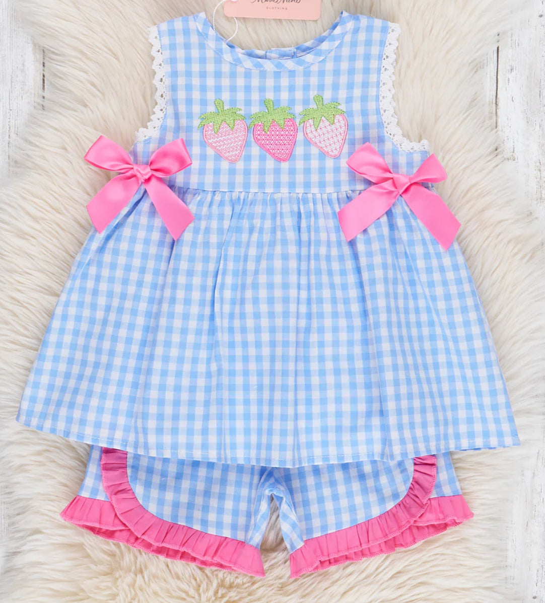 Gingham Embroidered Strawberry Girls 2 Piece Set