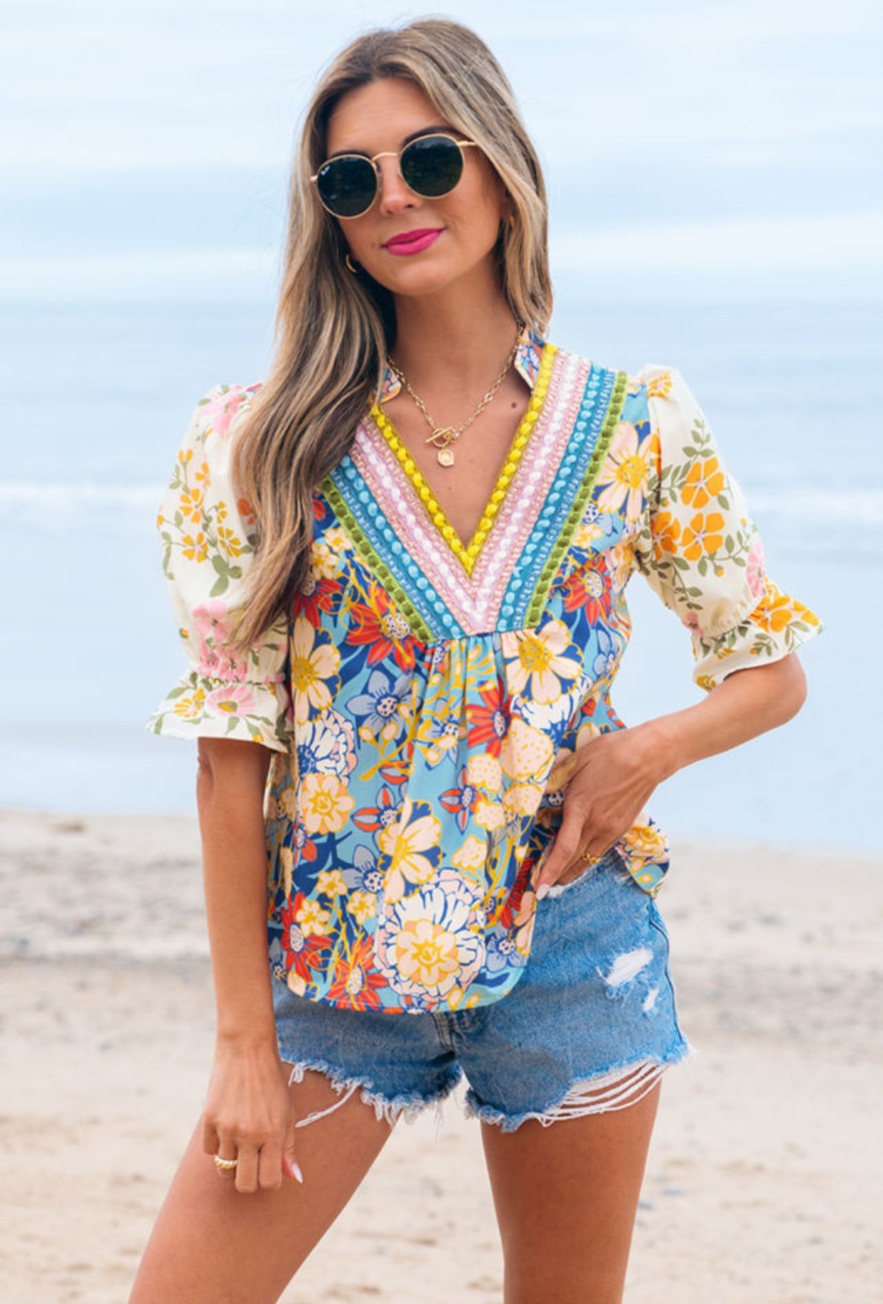 Multi Color Crocheted V Neck Floral Boho Blouse