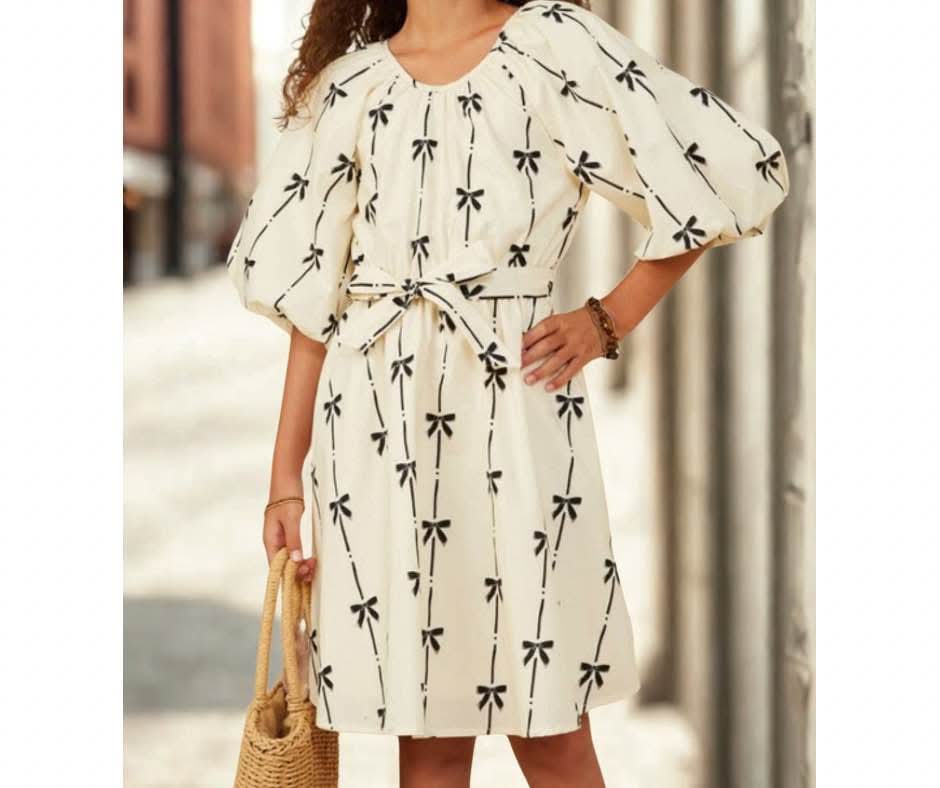 Bow printed belted tween dress