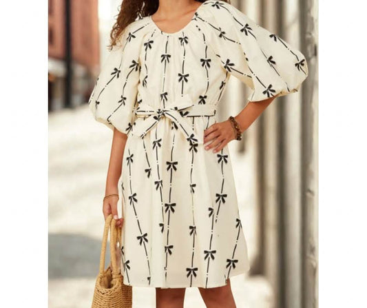 Bow printed belted tween dress