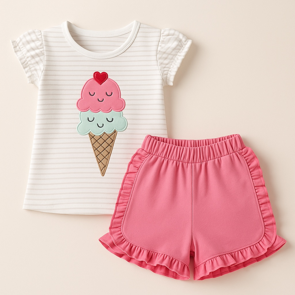 Girls Ice Cream Cone Ruffles Short Set